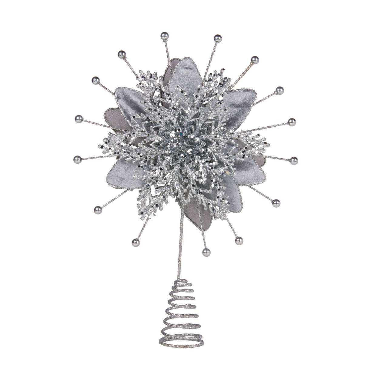 Christabelle Christmas Tree Topper Poinsettia Decoration Ornament Shimmering Silver Glittered P