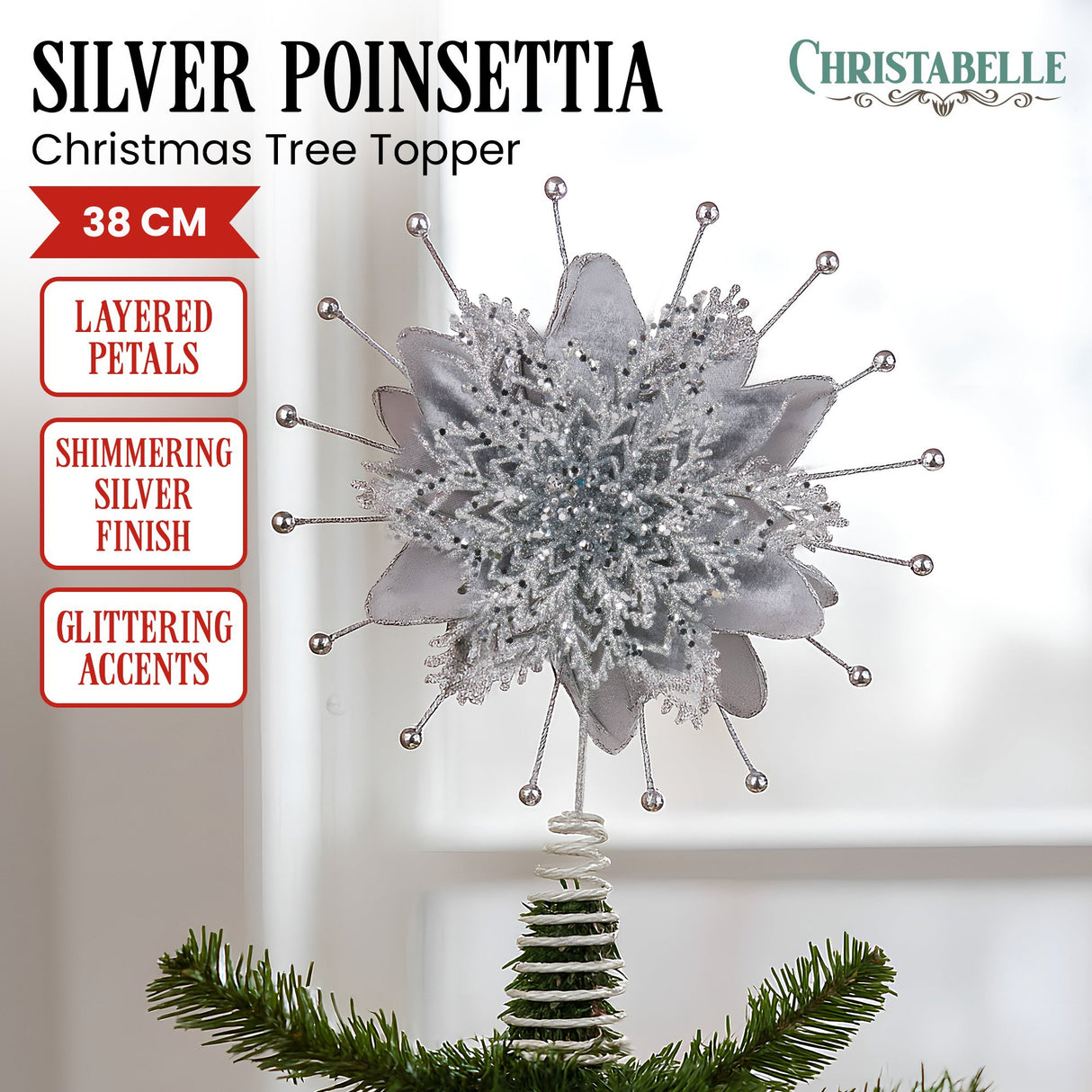 Christabelle Christmas Tree Topper Poinsettia Decoration Ornament Shimmering Silver Glittered P