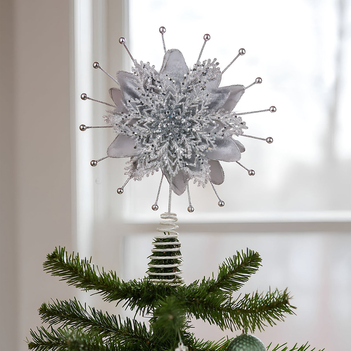 Christabelle Christmas Tree Topper Poinsettia Decoration Ornament Shimmering Silver Glittered P
