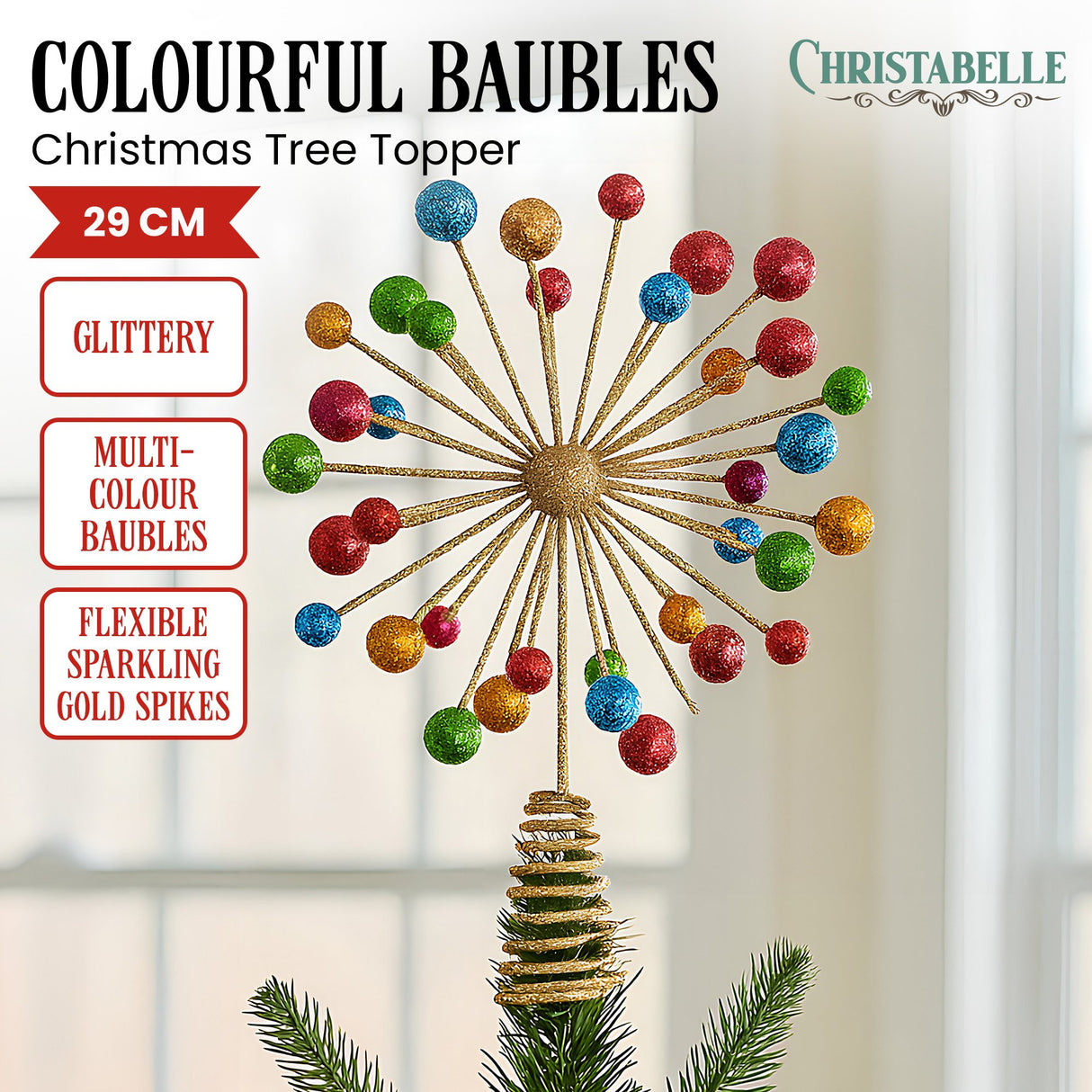 Christabelle Christmas Tree Topper Glittery Baubles Gold Decoration Multi-Colour Ornaments