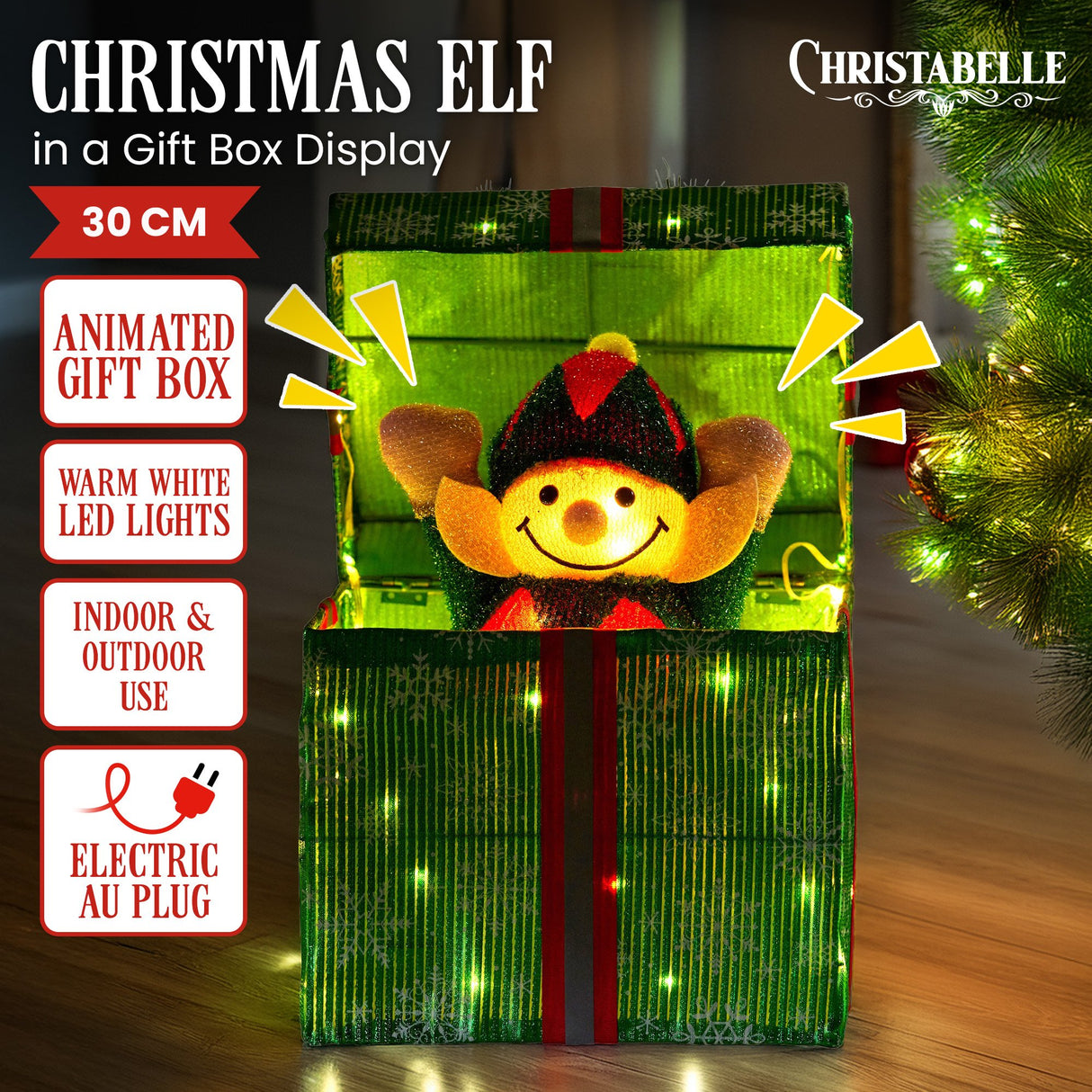 Christabelle Animated Elf in a Gift Box LED Lights Christmas Tree Decoration Ornament Xmas