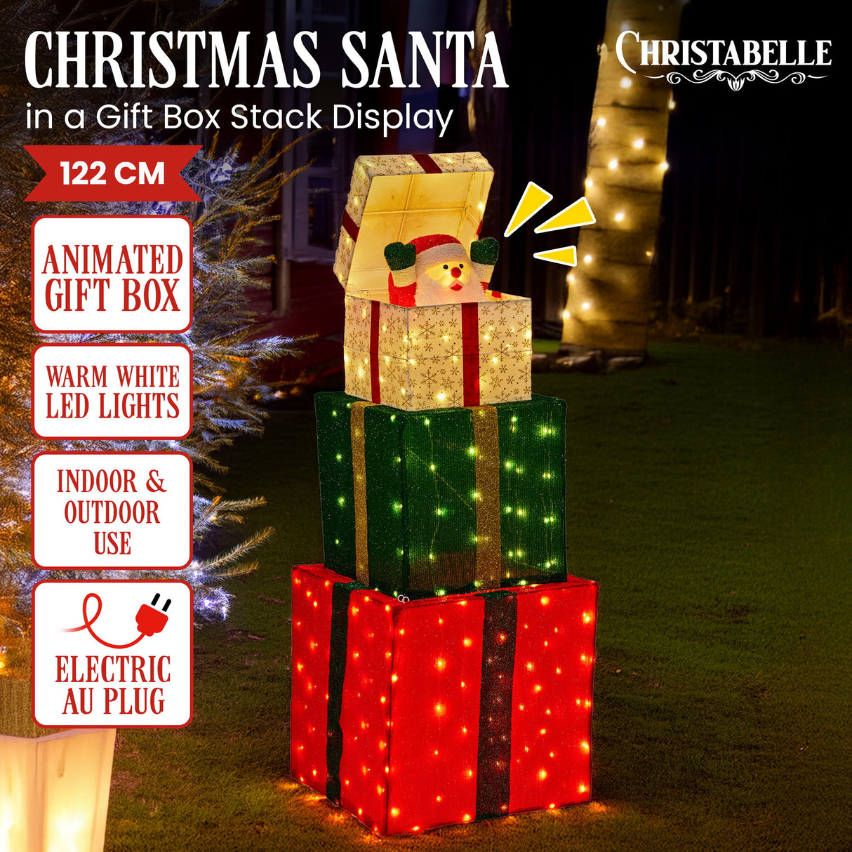 Christabelle 122cm Animated Present Stack Santa LED Lights Christmas Tree Decoration Ornament X