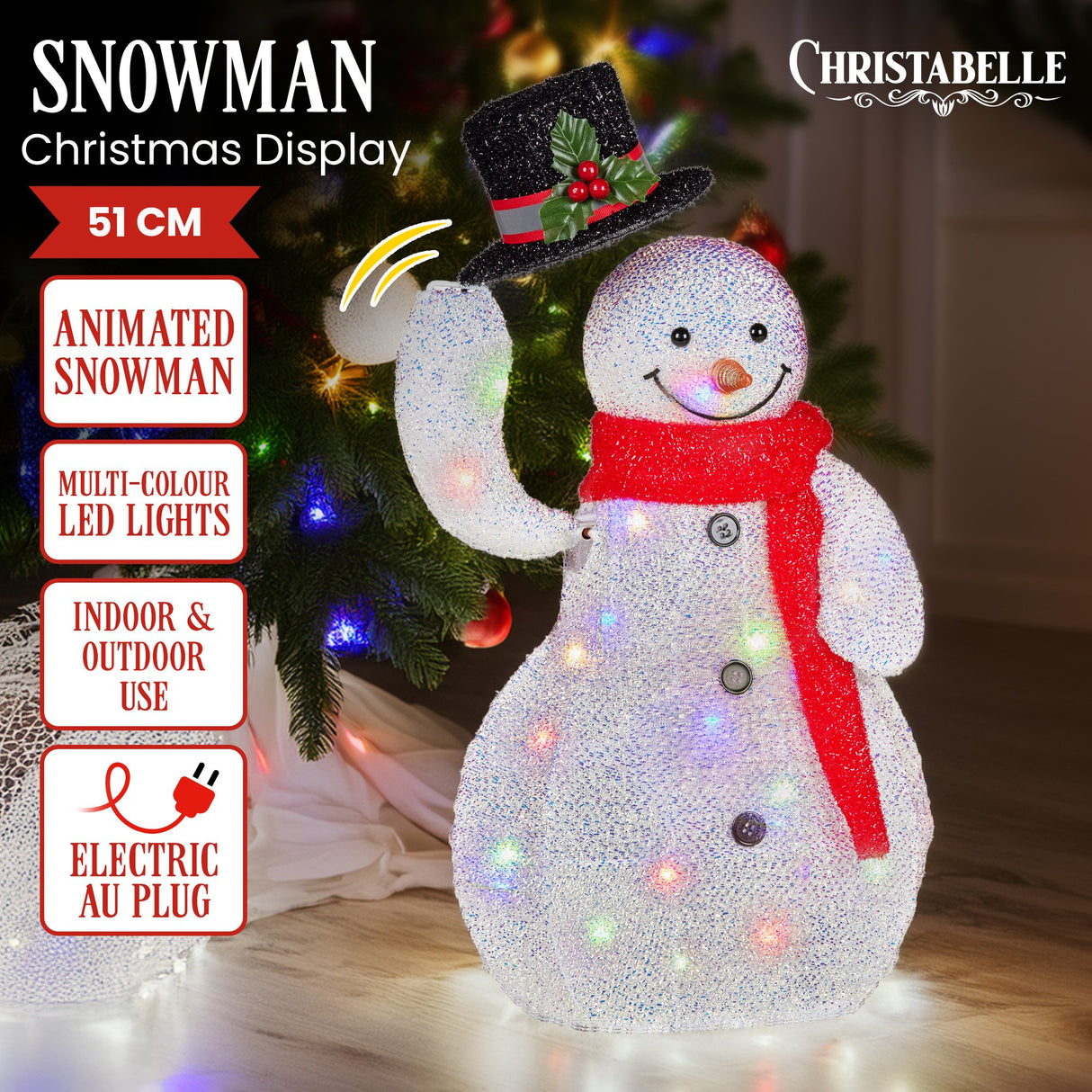 Christabelle 51cm Animated Snowman Christmas Display Multi-Colour LED Lights Xmas Decoration