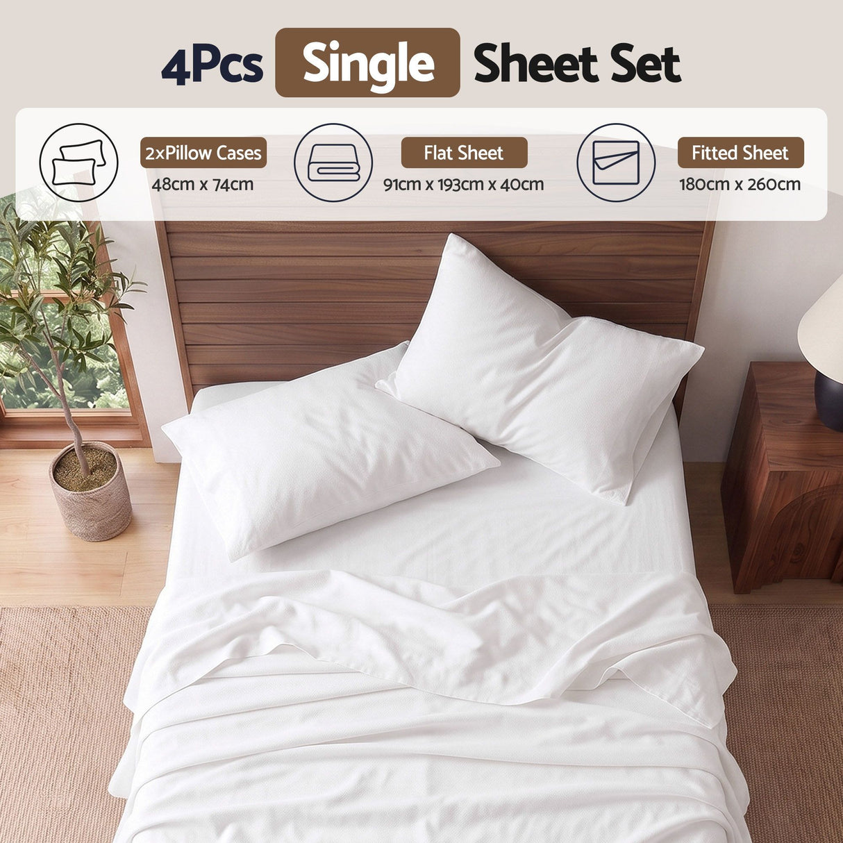 Giselle Single 500TC Cotton 4Pcs Sheet Set with 40cm Extra Deep Pocket for Thick Mattresses Sateen Weave for Sweaty Nights White