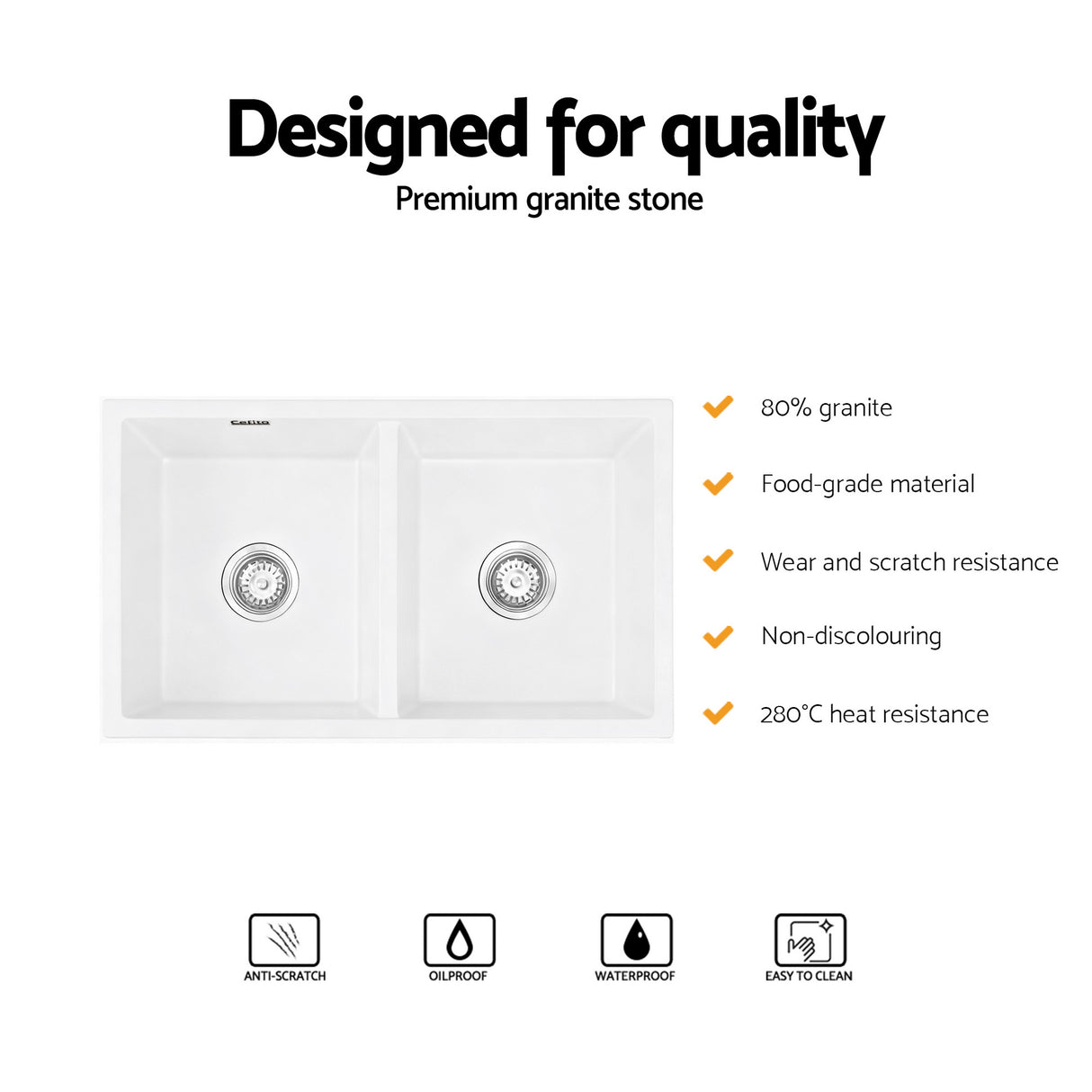 Cefito Kitchen Sink 77x45cm Granite Stone Sink Double Bowl White