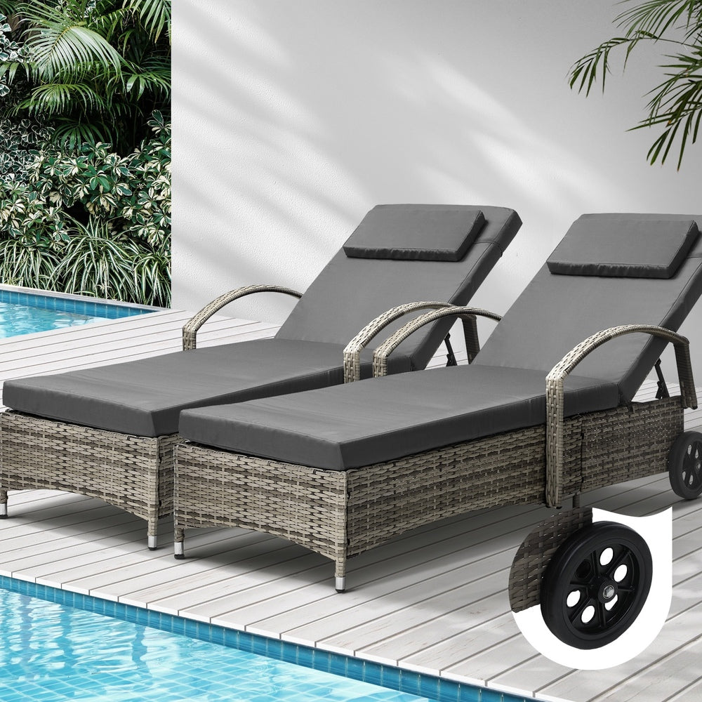 Livsip 2x Sun Lounge Adjustable Backrest Wicker Grey