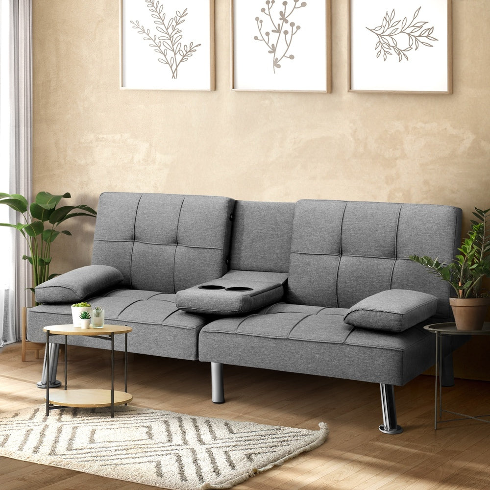 Oikiture 3 Seater Sofa Bed with Cup Holders Grey Fabric