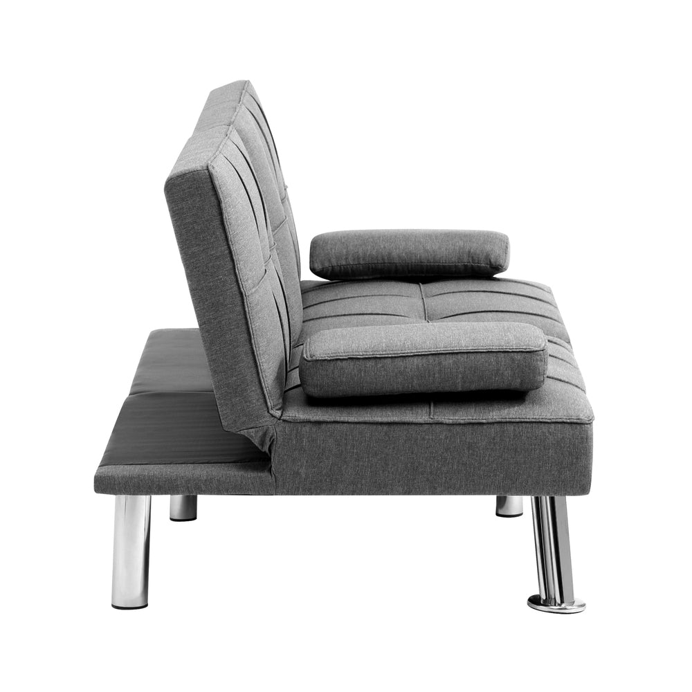 Oikiture 3 Seater Sofa Bed with Cup Holders Grey Fabric