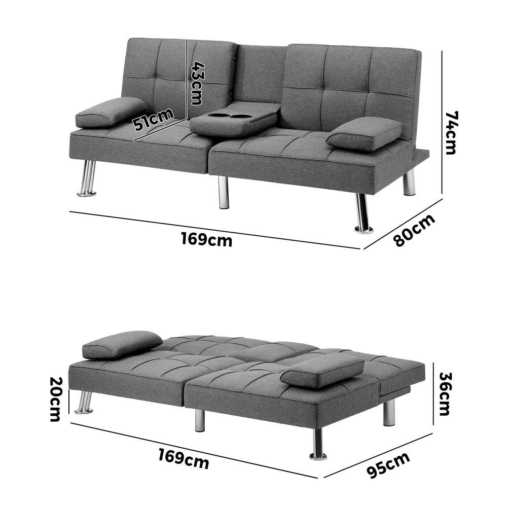 Oikiture 3 Seater Sofa Bed with Cup Holders Grey Fabric