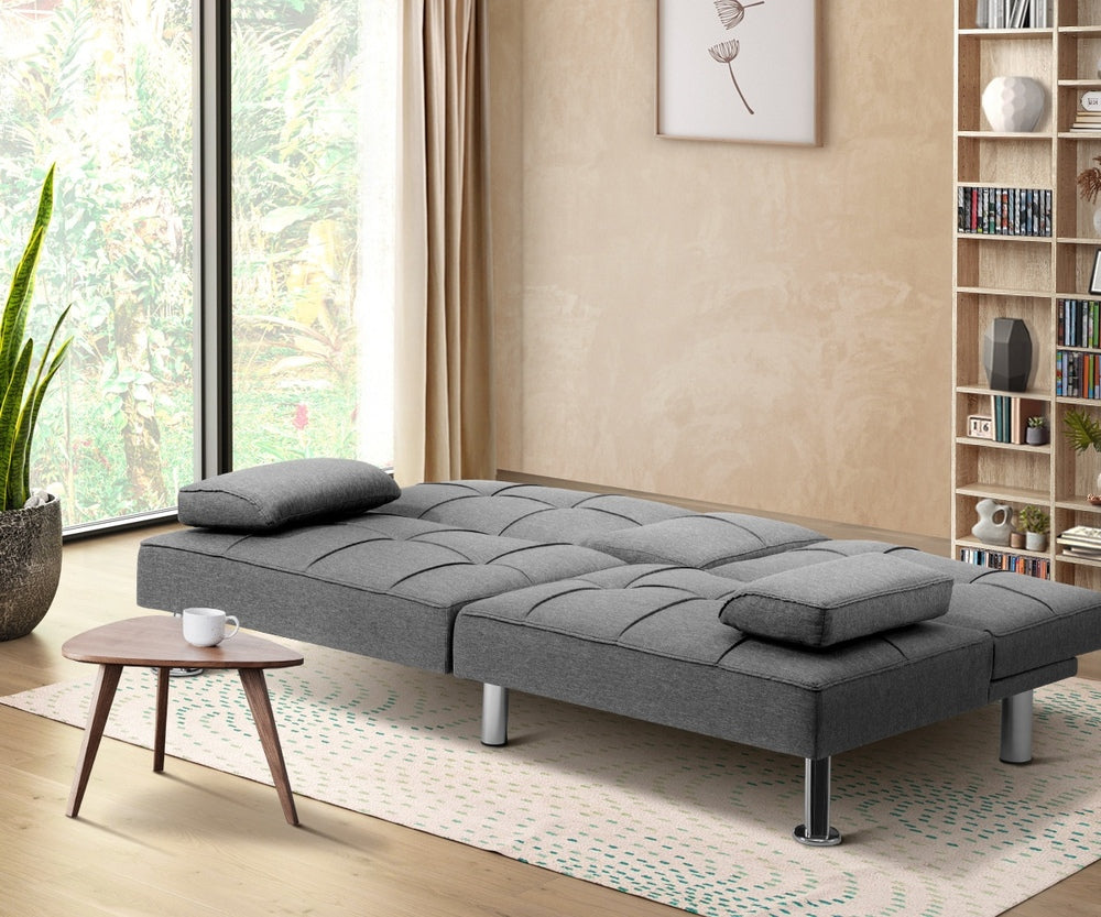 Oikiture 3 Seater Sofa Bed with Cup Holders Grey Fabric