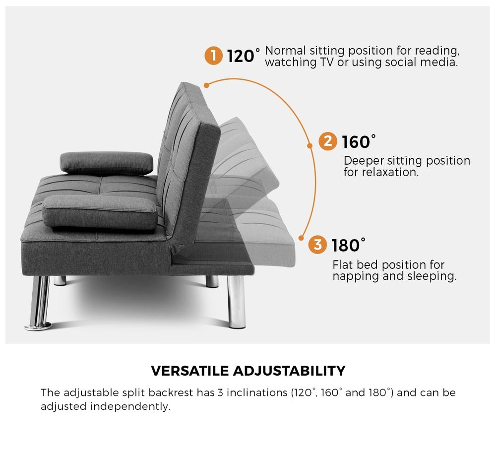 Oikiture 3 Seater Sofa Bed with Cup Holders Grey Fabric