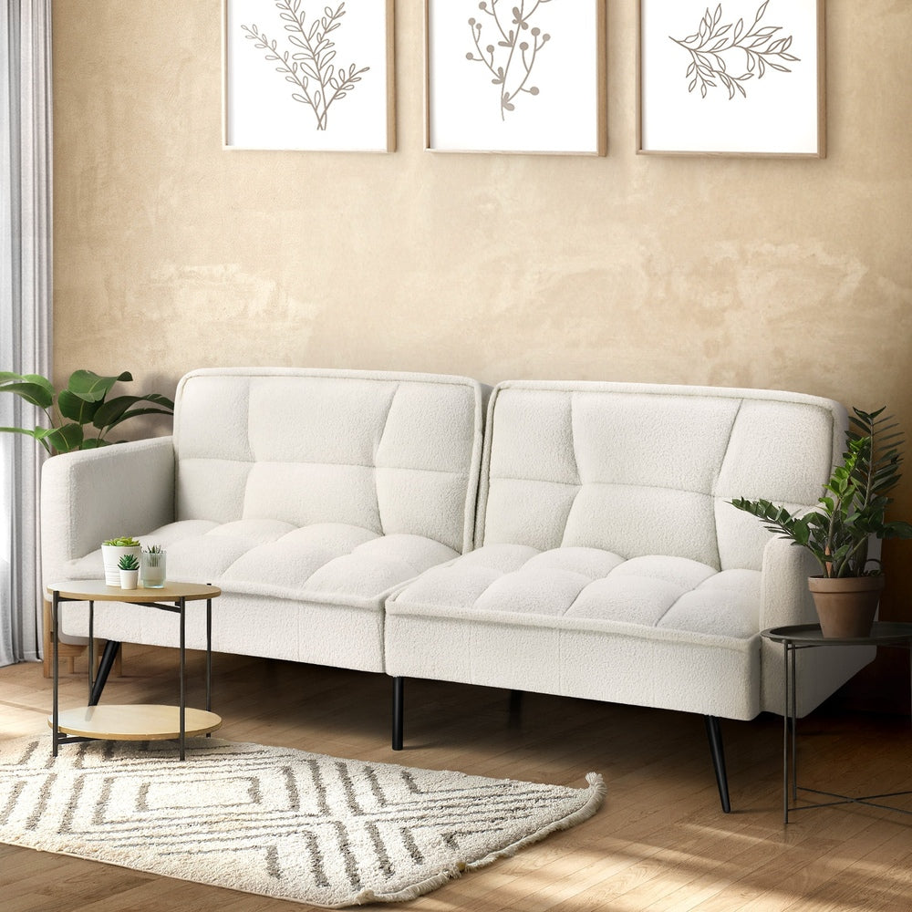 Oikiture 3-Seater Sofa Bed Convertible Boucle Sherpa Lounge Couch White