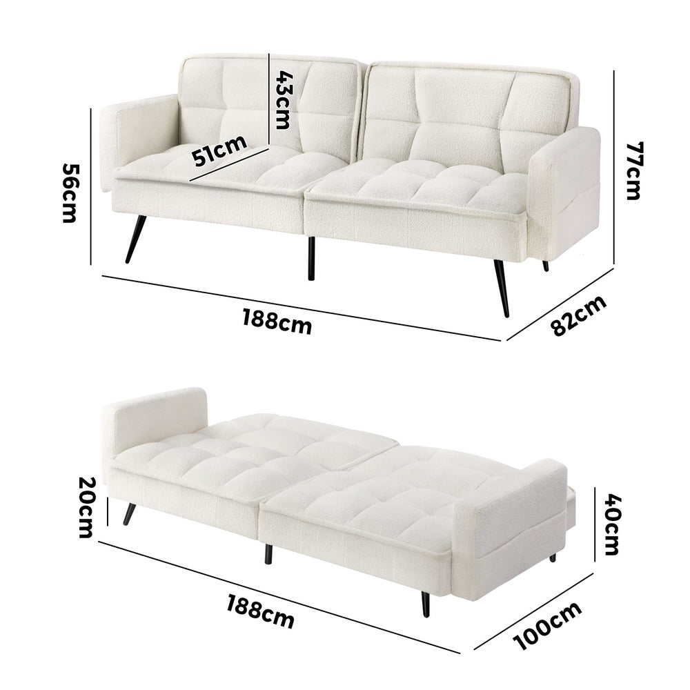Oikiture 3-Seater Sofa Bed Convertible Boucle Sherpa Lounge Couch White