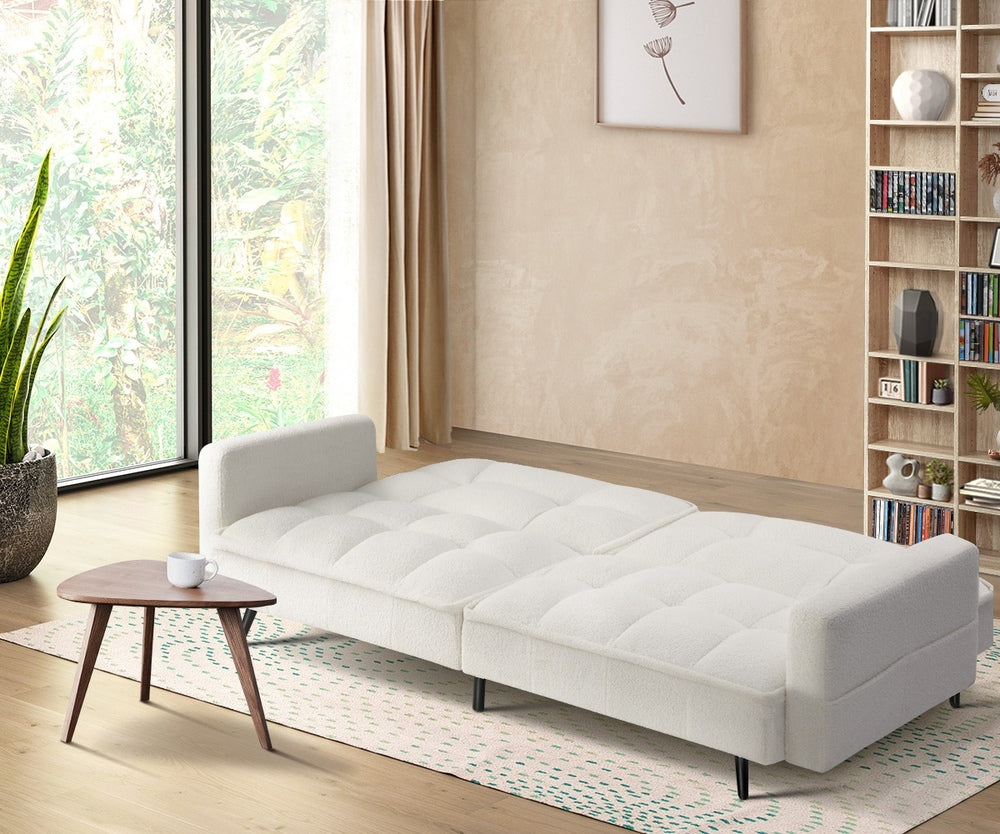 Oikiture 3-Seater Sofa Bed Convertible Boucle Sherpa Lounge Couch White