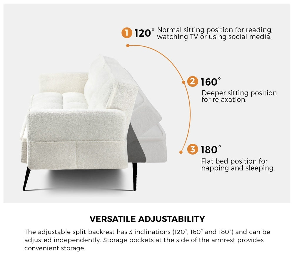 Oikiture 3-Seater Sofa Bed Convertible Boucle Sherpa Lounge Couch White