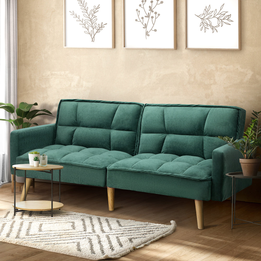 Oikiture Sofa Bed Velvet 3-Seater Green