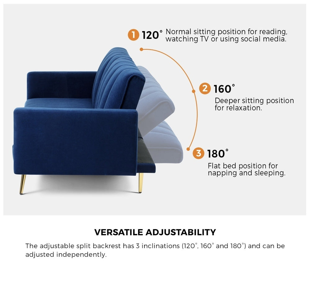 Oikiture 3 Seater Sofa Bed Velvet Blue