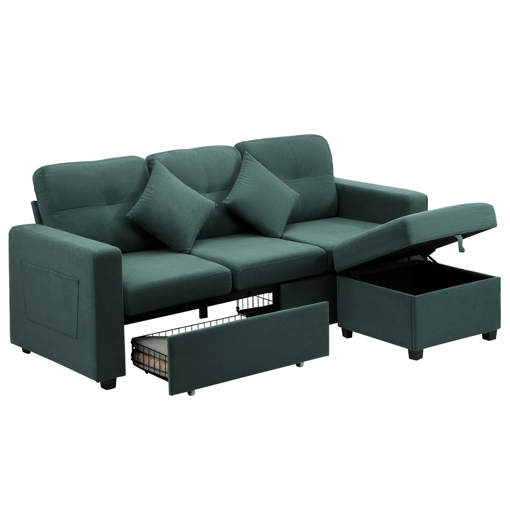 Oikiture 3 Seater Sofa Lounge Set Modular Couch Drawers&Ottoman Velvet Green