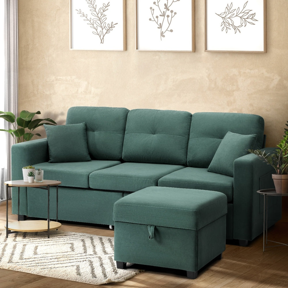 Oikiture 3 Seater Sofa Lounge Set Modular Couch Drawers&Ottoman Velvet Green