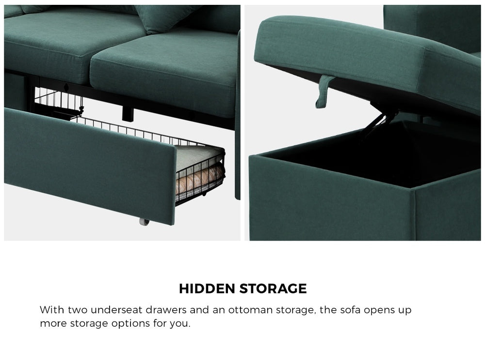 Oikiture 3 Seater Sofa Lounge Set Modular Couch Drawers&Ottoman Velvet Green