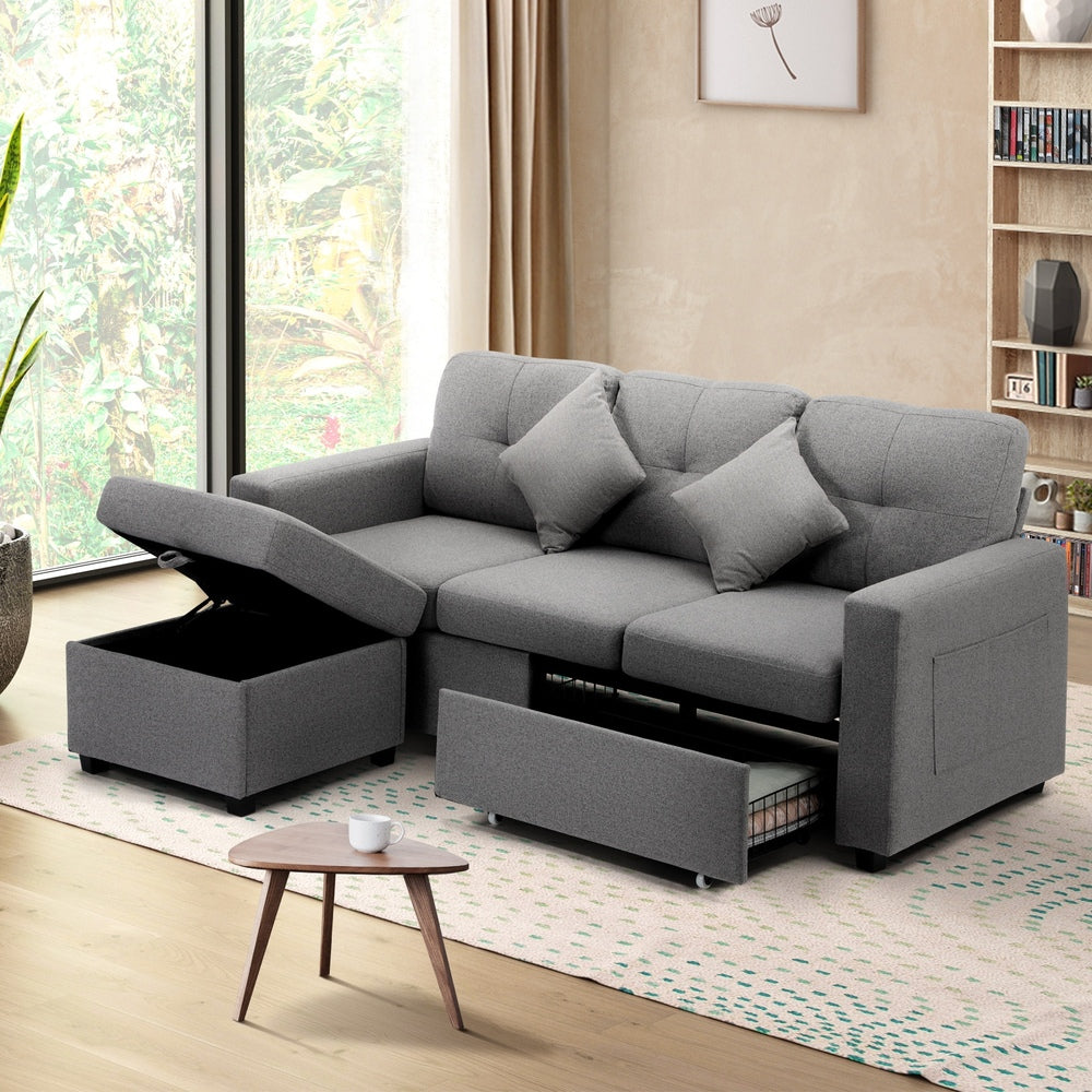 Oikiture Sofa 3 Seater Chaise Modular Couch Drawers Ottoman Fabric