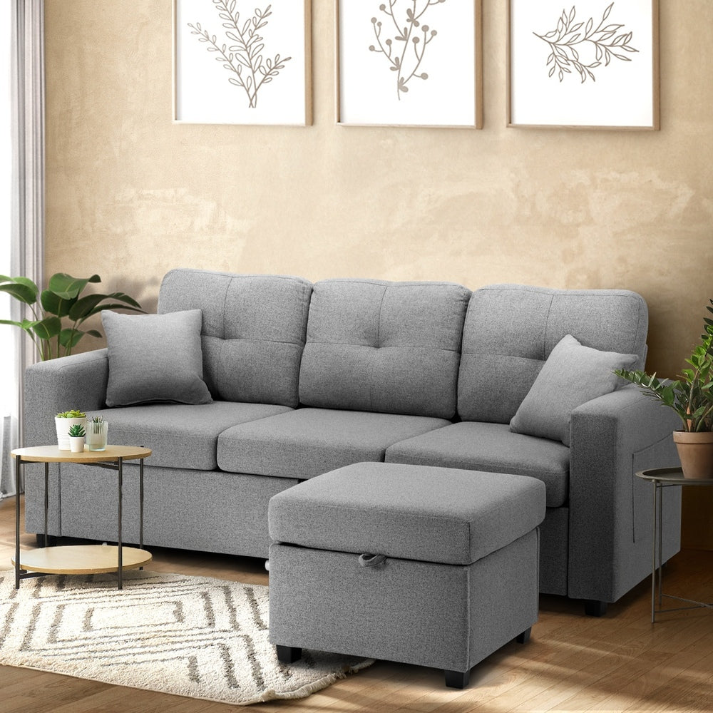 Oikiture Sofa 3 Seater Chaise Modular Couch Drawers Ottoman Fabric