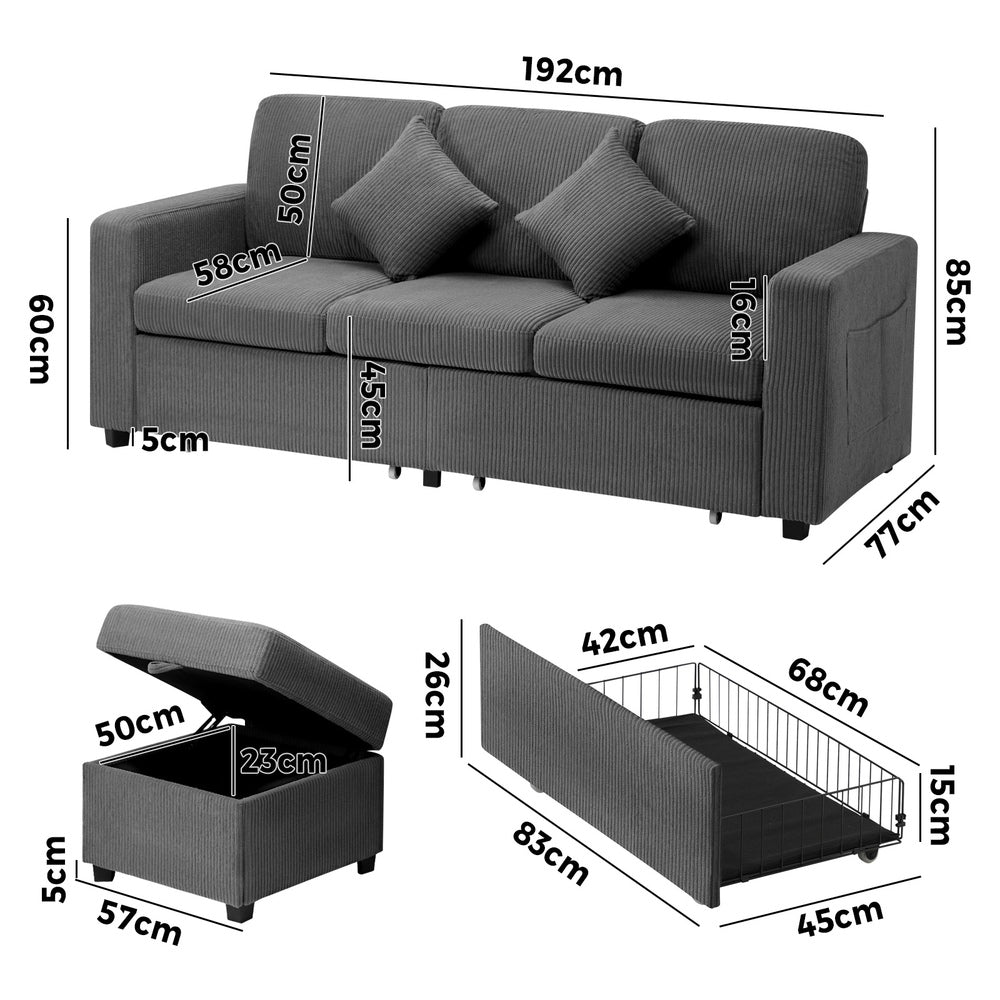 Oikiture 3 Seater Sofa Modular Couch Drawers Ottoman Velvet