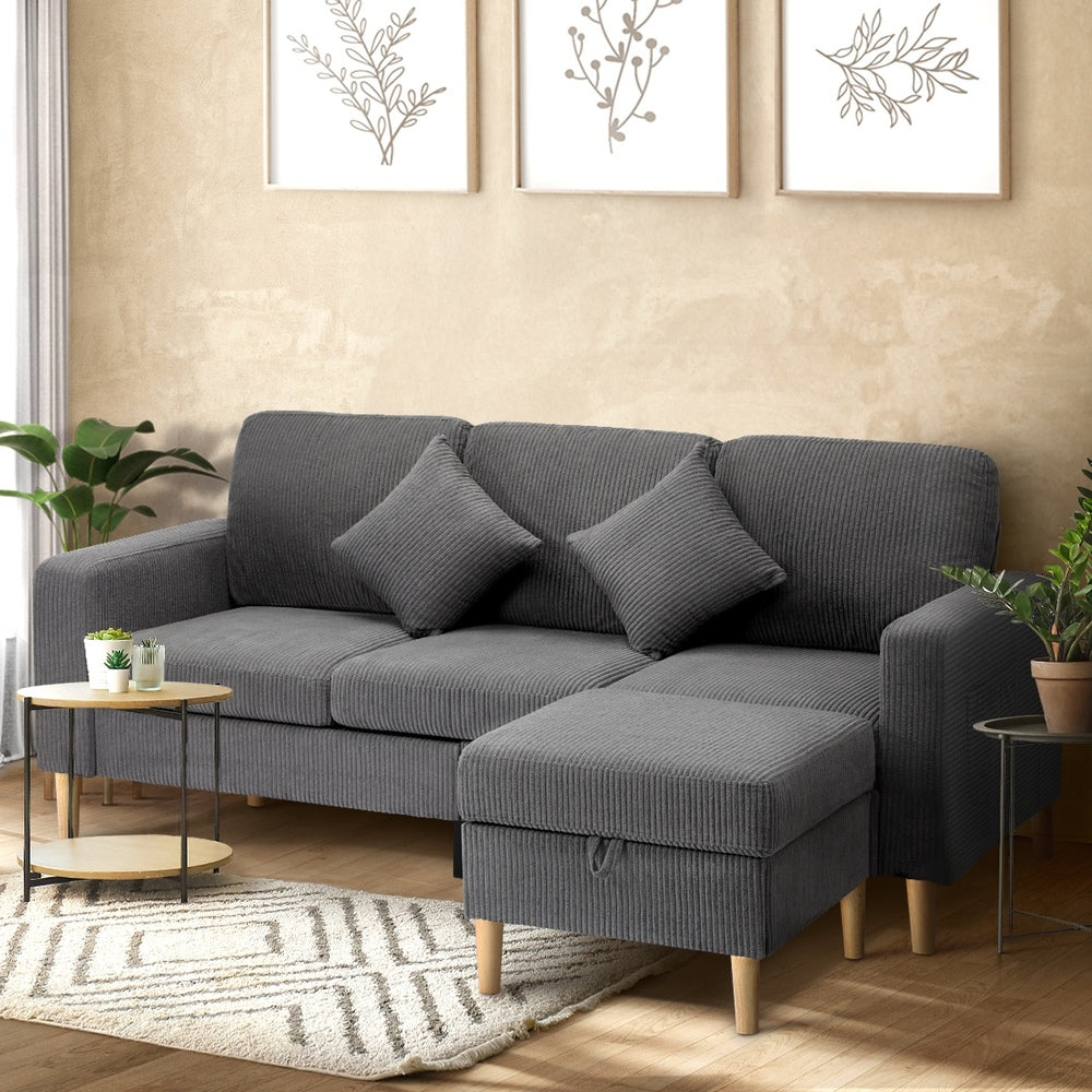 Oikiture 3 Seater Sofa with Ottoman Velvet Grey