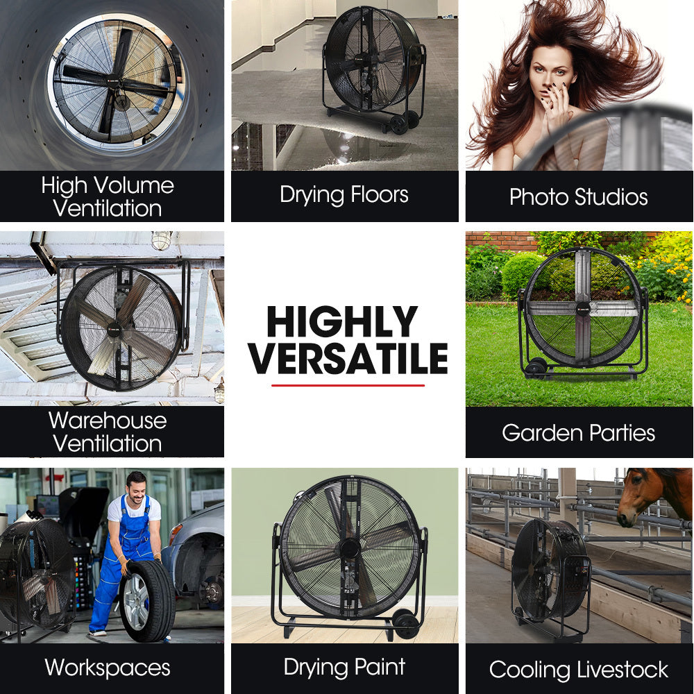 BAUMR-AG 42' 1067mm 660W Industrial Mobile Floor Drum Fan, Belt Drive, Tilting, Large, Commercial, Heavy-duty Frame, EESS Certified