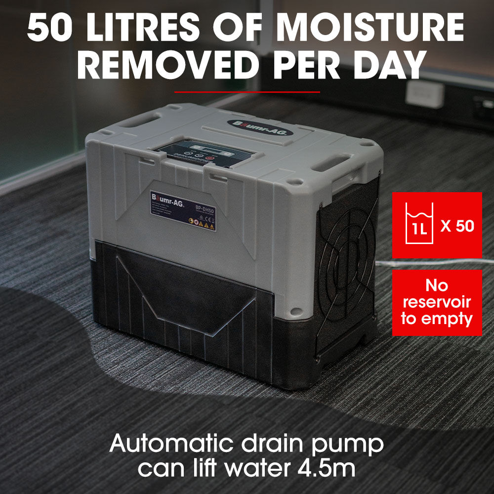 BAUMR-AG 50L/day Commercial Industrial LGR Air Dehumidifier for Mould, Portable, Stackable, LCD Display, Wheels