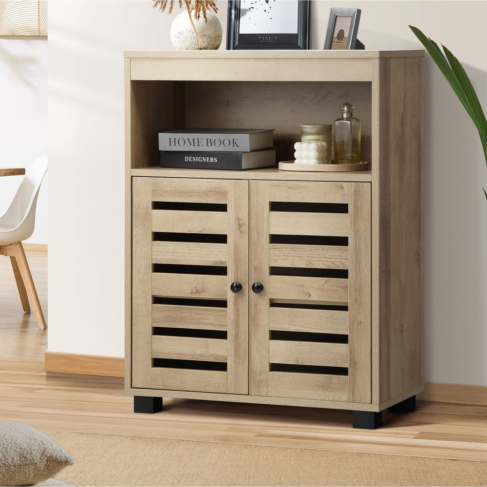 Oikiture Shoes Storage Cabinet Organiser Shelf 2 Doors Brown