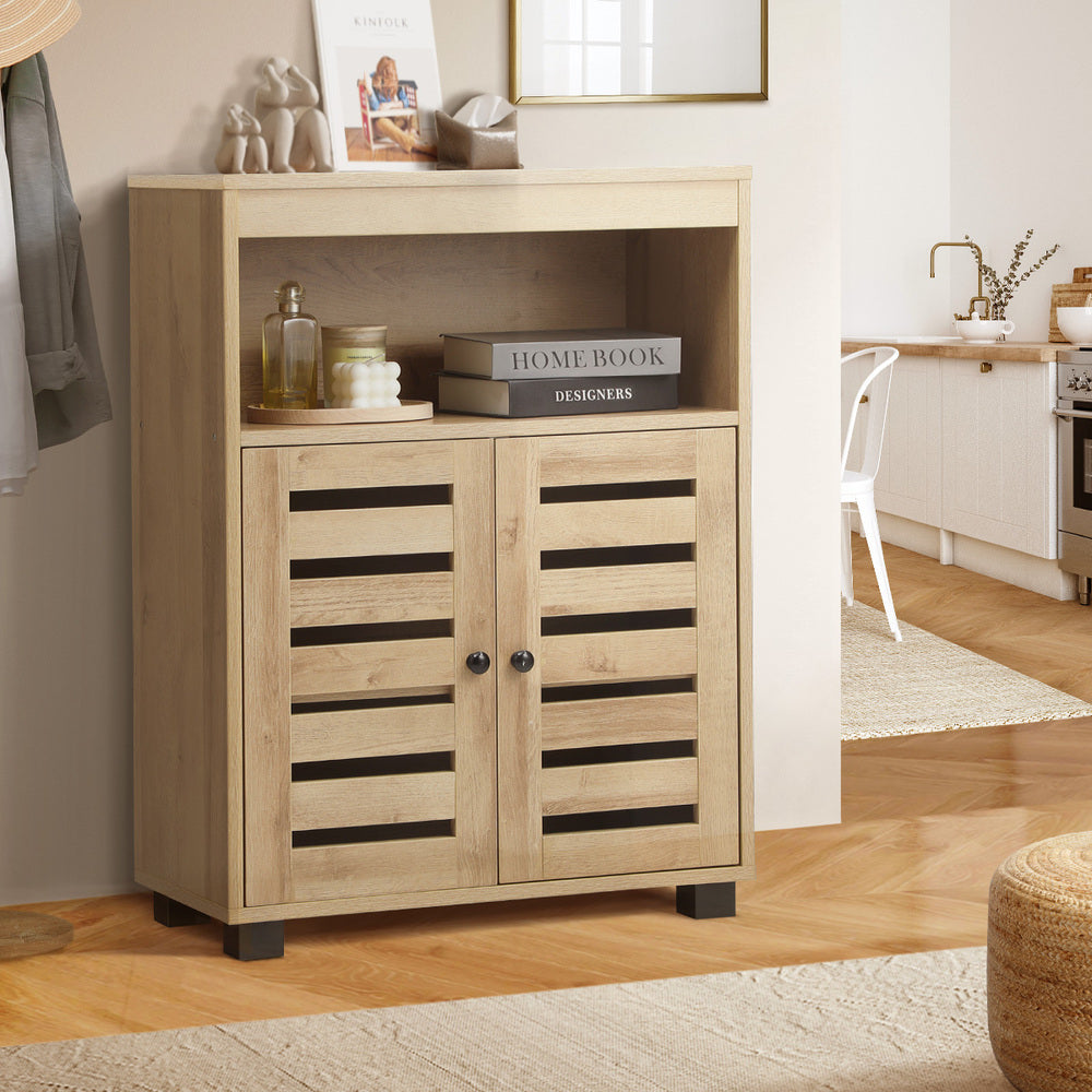 Oikiture Shoes Storage Cabinet Organiser Shelf 2 Doors Brown