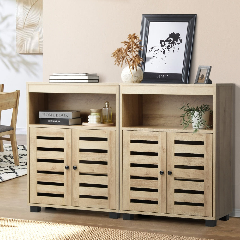 Oikiture Shoes Storage Cabinet 2 Doors Brown Set of 2
