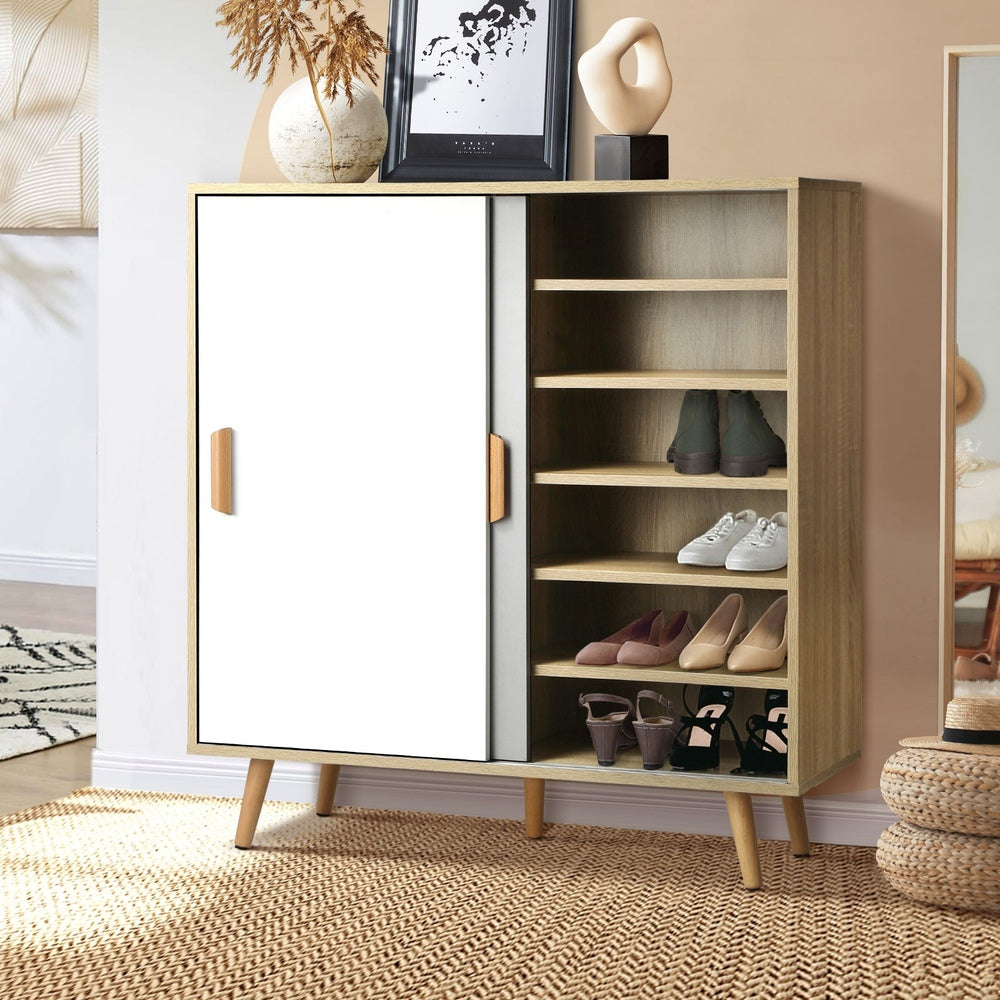 Oikiture Shoe Cabinet Adjustable Shelves Sliding Doors White&Wood