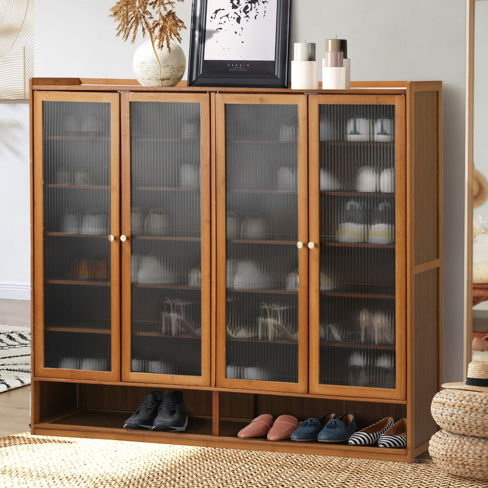 Oikiture Shoe Storage Cabinet 4 Doors 7 Shelves Brown