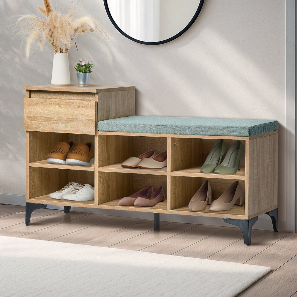 Oikiture Shoe Cabinet Bench Storage Drawer 6 Shelves Polyester Seat