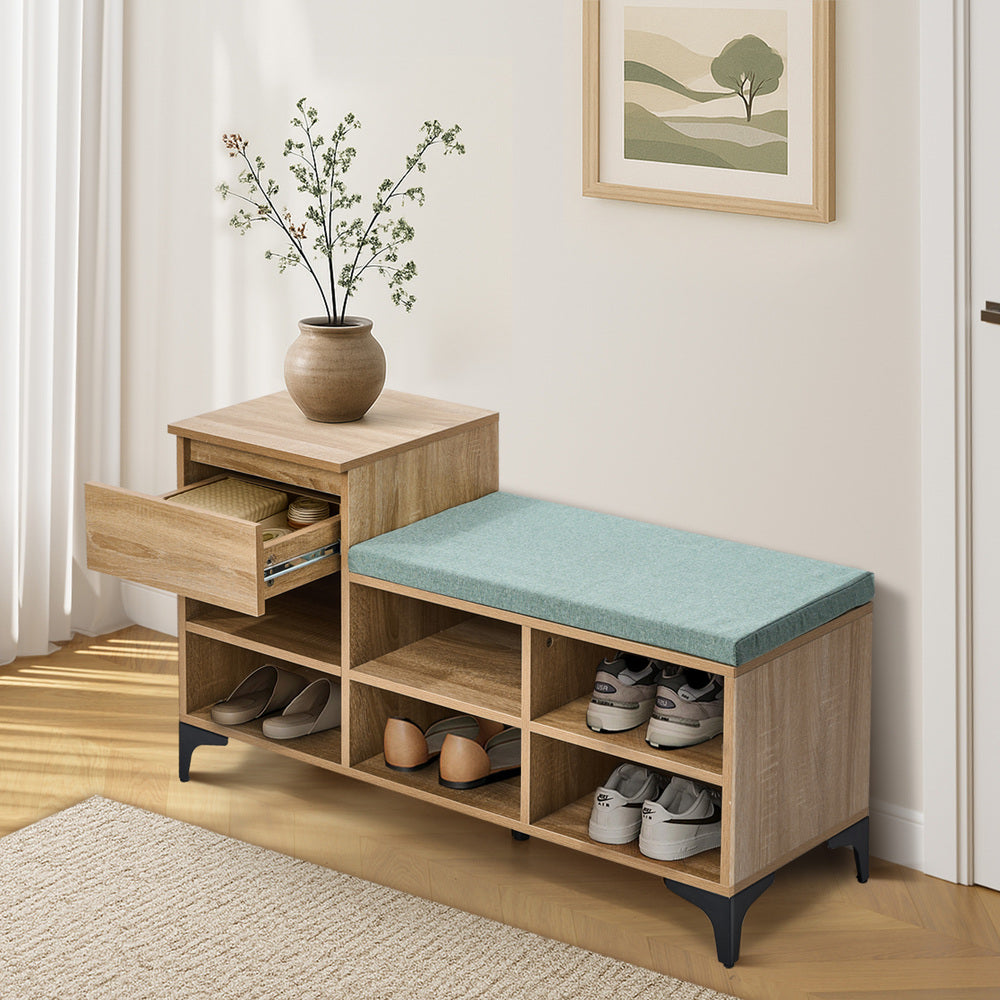 Oikiture Shoe Cabinet Bench Storage Drawer 6 Shelves Polyester Seat