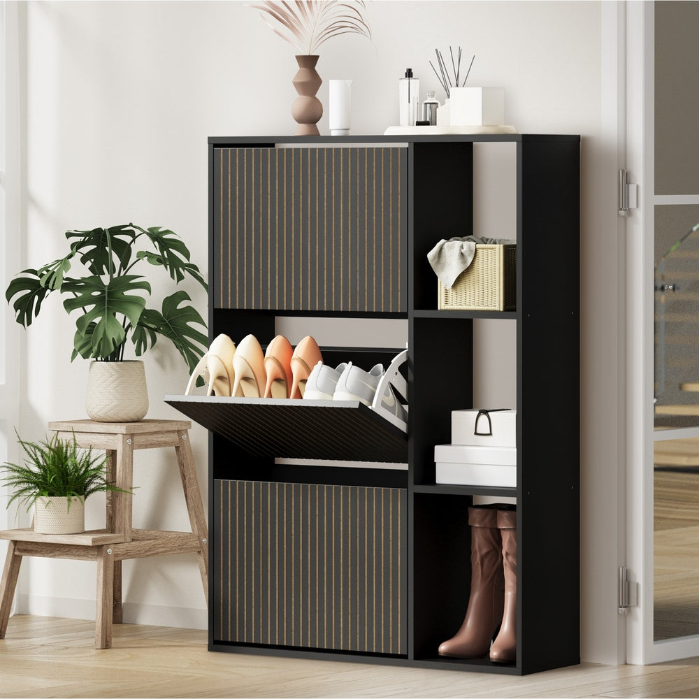 Oikiture Shoe Rack Storage Cabinet with Display Shelves Black