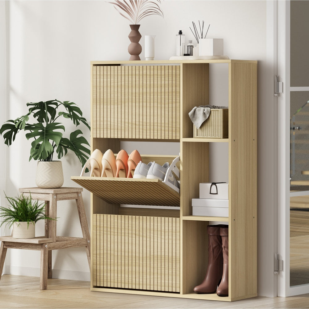 Oikiture Shoe Rack Storage Cabinet with Display Shelves Natural