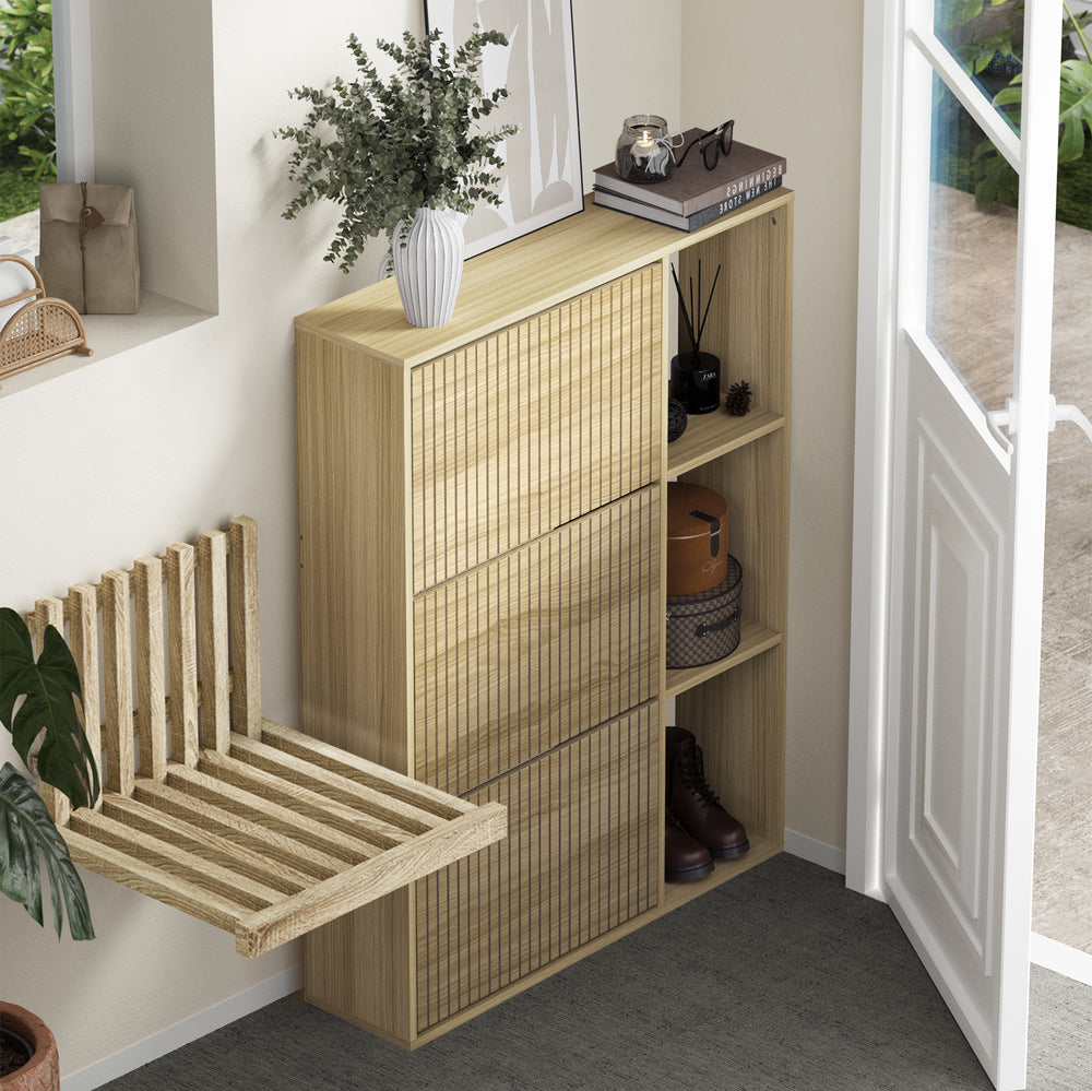 Oikiture Shoe Rack Storage Cabinet with Display Shelves Natural