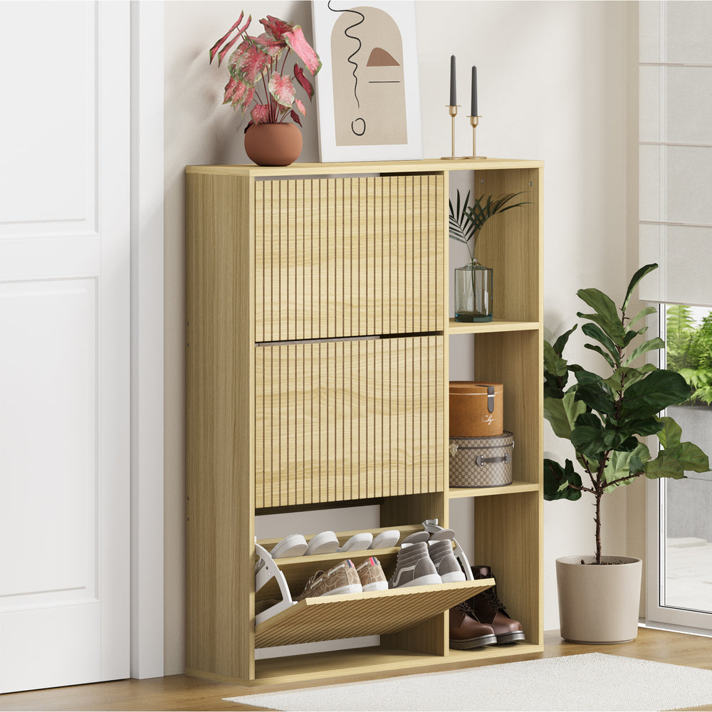 Oikiture Shoe Rack Storage Cabinet with Display Shelves Natural