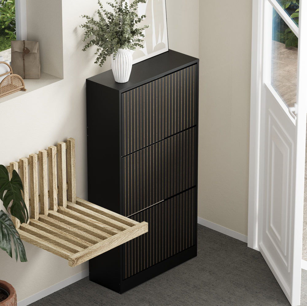 Oikiture Shoe Rack Storage Cabinet 3 Compartments Black