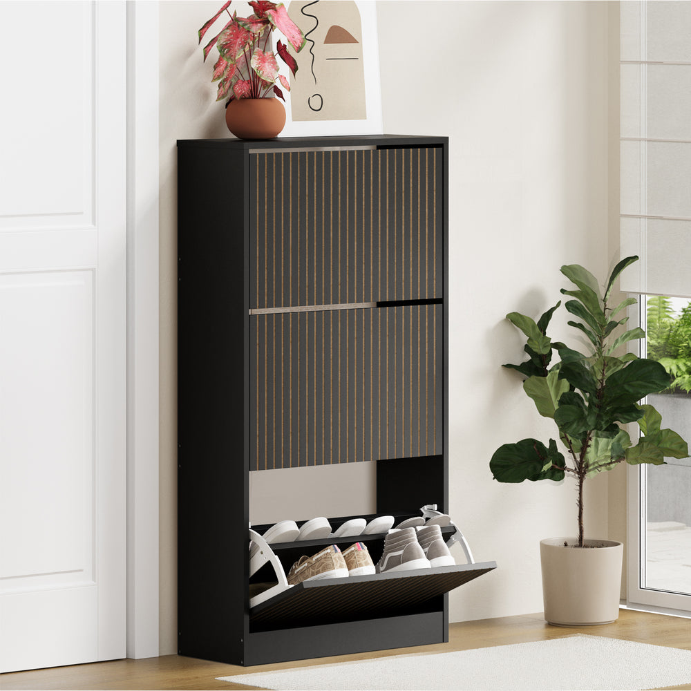 Oikiture Shoe Rack Storage Cabinet 3 Compartments Black