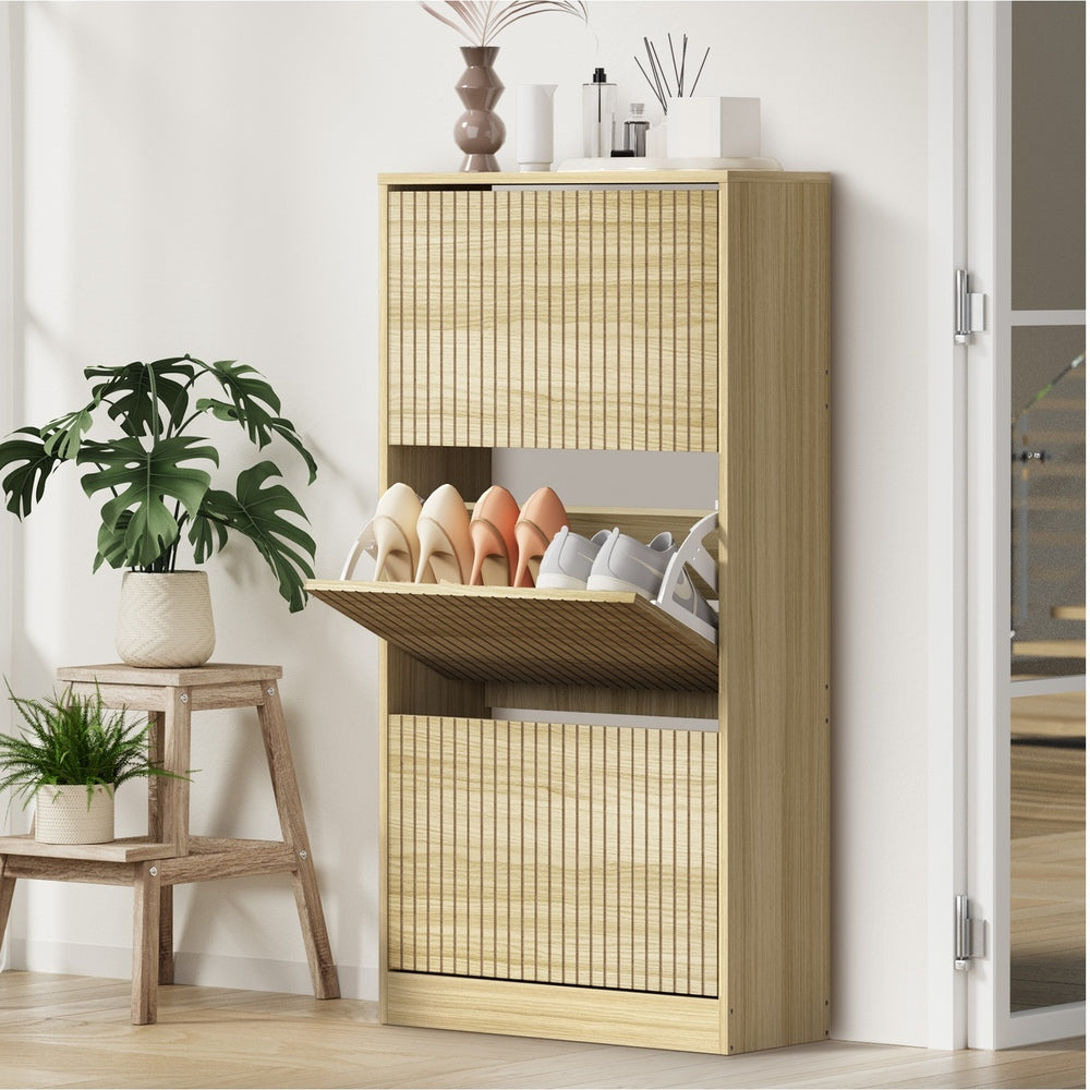 Oikiture Shoe Rack Storage Cabinet 3 Compartments Natural