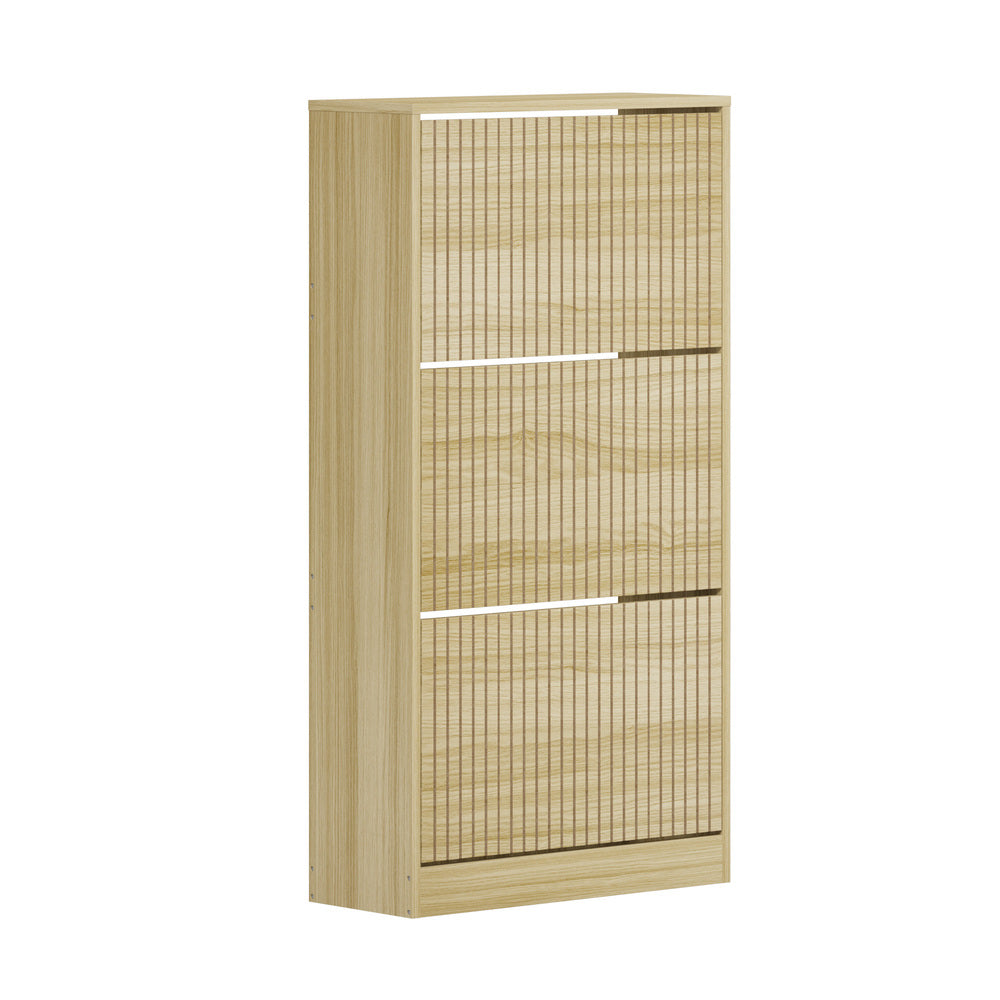 Oikiture Shoe Rack Storage Cabinet 3 Compartments Natural