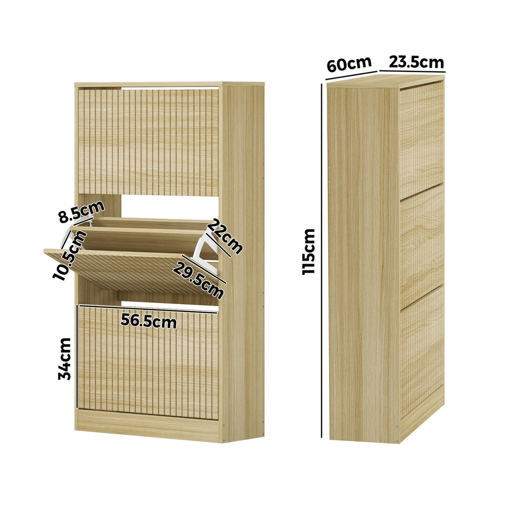 Oikiture Shoe Rack Storage Cabinet 3 Compartments Natural