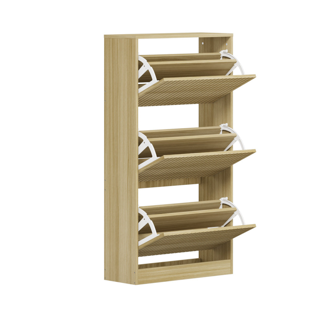 Oikiture Shoe Rack Storage Cabinet 3 Compartments Natural