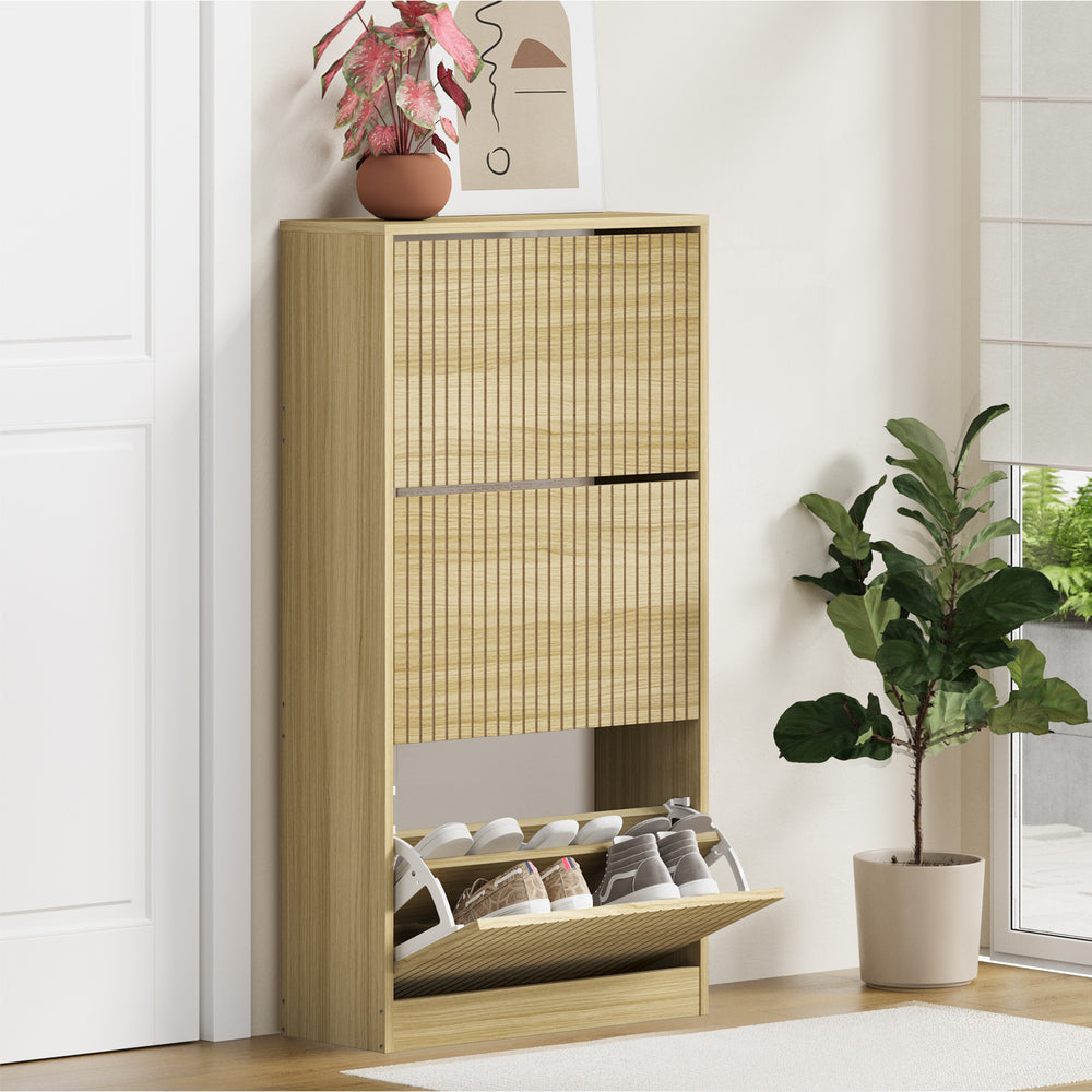 Oikiture Shoe Rack Storage Cabinet 3 Compartments Natural