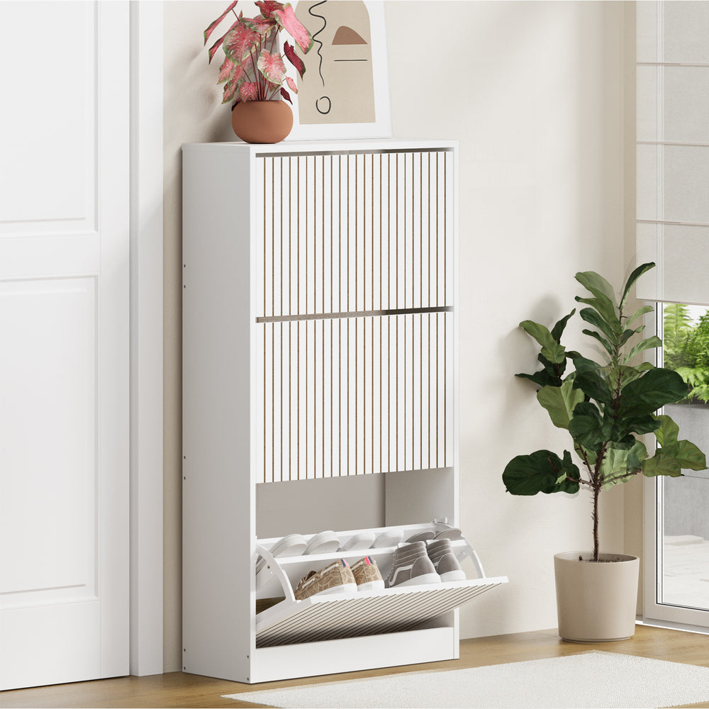 Oikiture Shoe Rack Storage Cabinet 3 Compartments White