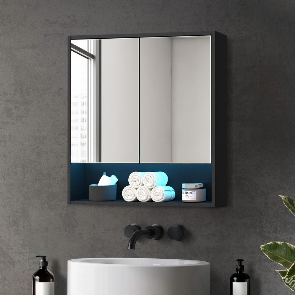 Welba Bathroom Mirror Cabinet LED Wall Storage 750x750mm Black
